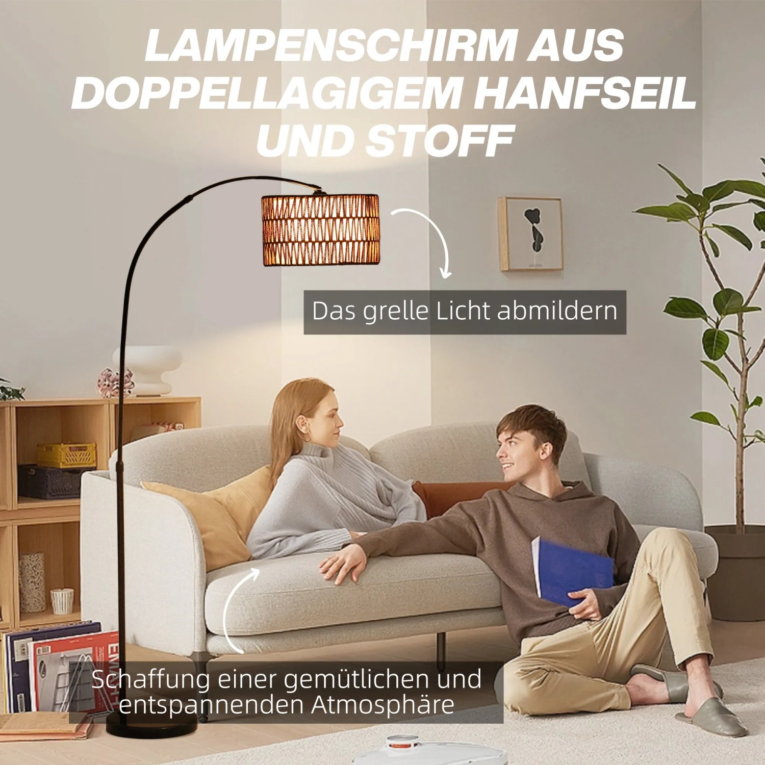 Schwarze HOMCOM Stehlampe mit braunem Hanfseil-Lampenschirm und Marmorfuß. Höhenverstellbare Innenleuchte.