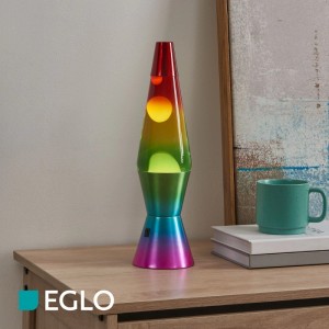 Eglo LED-Lavatischleuchte in Regenbogenfarben auf Holztisch. Bunte Lavalampe mit fließendem Wachs, ideal als LED-Tischleuchte.