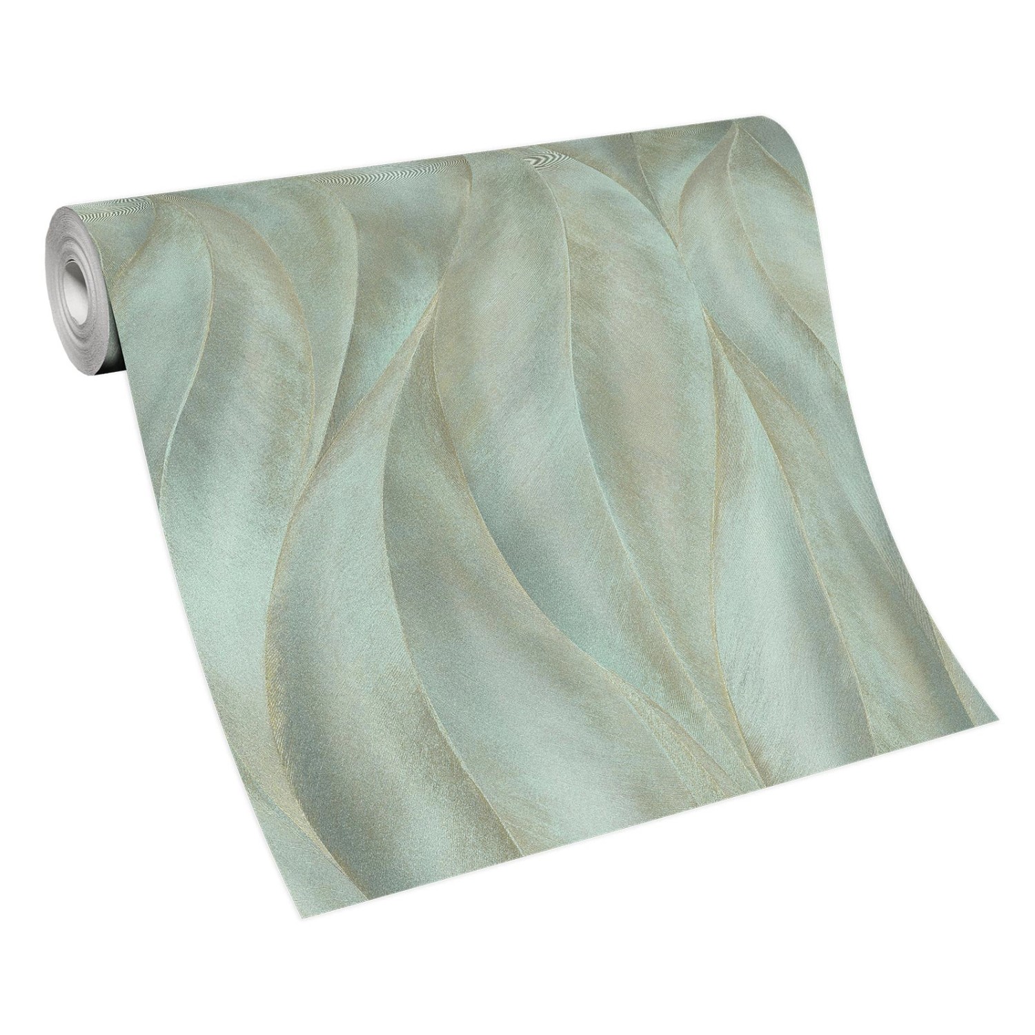 Türkis-grüne Vliestapete mit Blättermuster, Rolle. Dekorative Wandtapete für Wohn- und Esszimmer.