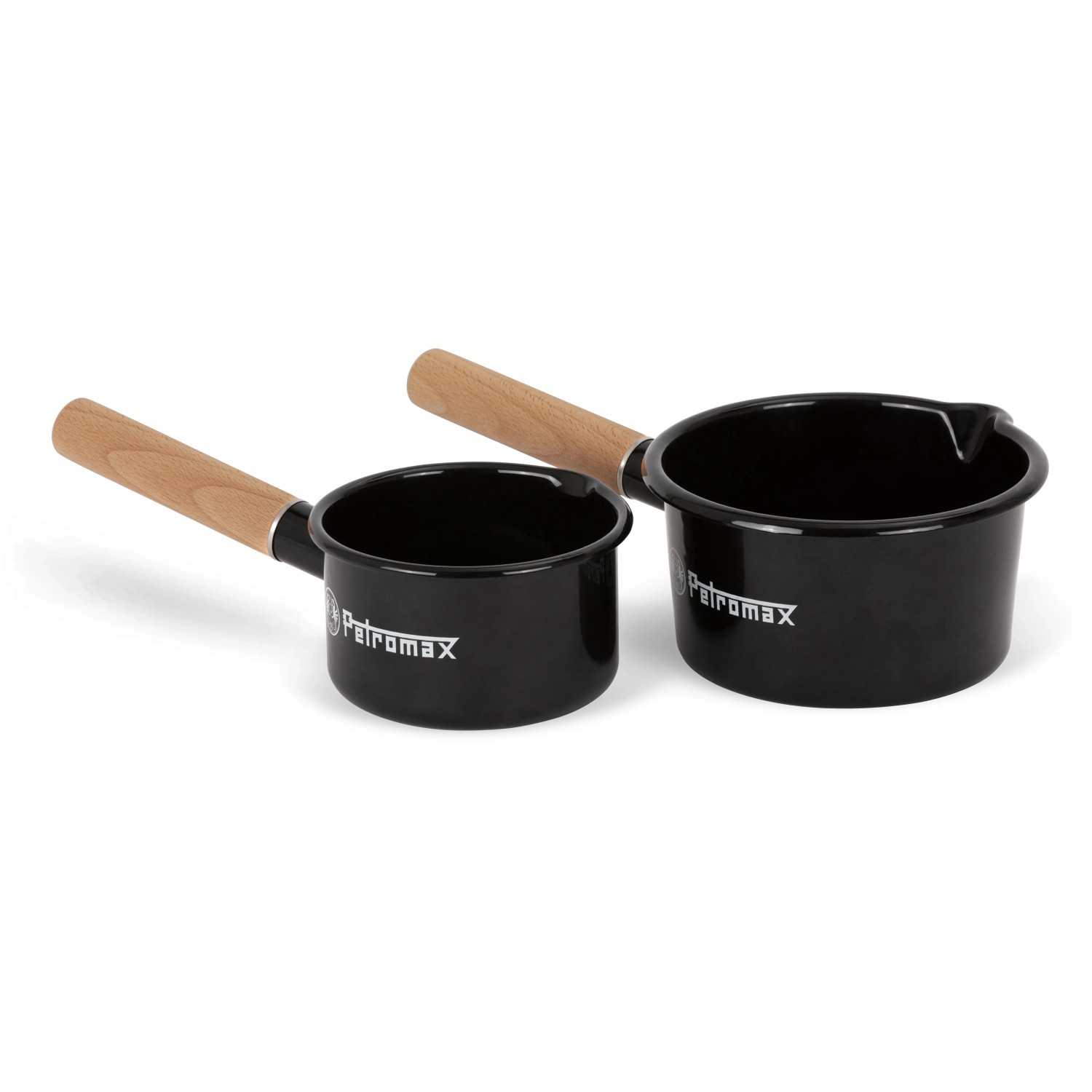 Petromax Emaille Stieltopf, schwarz, 0,5 l, zwei Größen. Grillutensil mit Holzgriff.