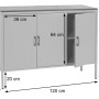 Weiße MCW Kommode L84-3 mit 3 Türen, Metallgestell und Maßangaben. Schubladenkommode für Wohnraum.