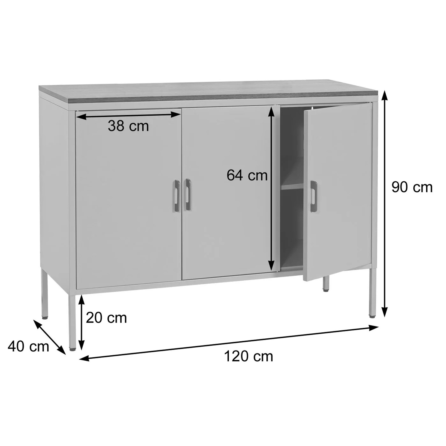 Weiße MCW Kommode L84-3 mit 3 Türen, Metallgestell und Maßangaben. Schubladenkommode für Wohnraum.
