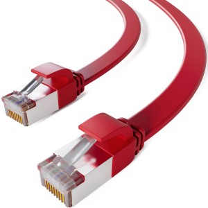 Rotes, flaches CAT 7 LAN Kabel (0.25m) mit RJ45 Stecker für Netzwerktechnik.