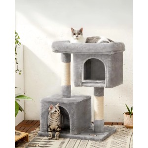 Feandrea Kratzbaum 84 cm hellgrau, mehrstufig, mit Sisalstämmen, zwei Höhlen und großer Plattform für Katzen.