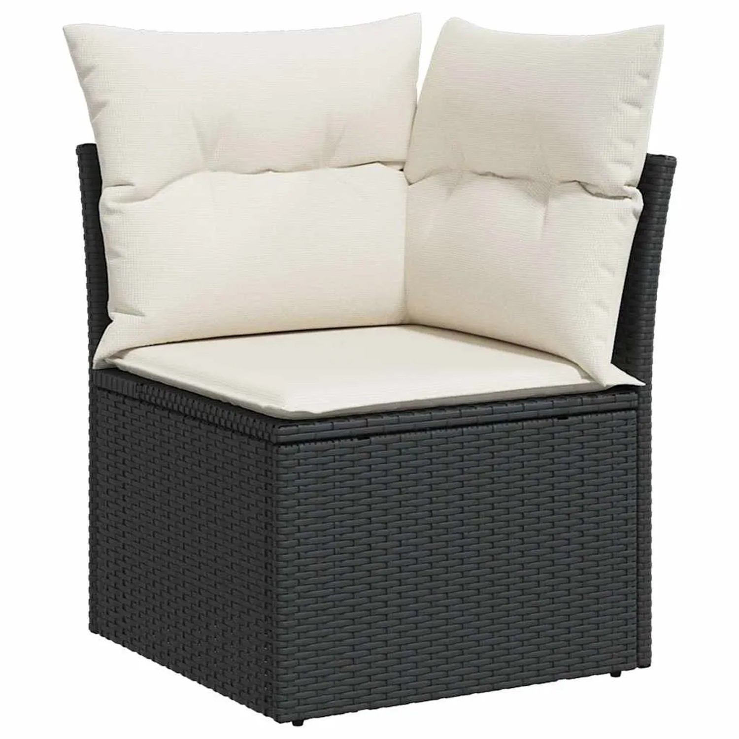 Schwarzes Ecksofa aus Rattan mit cremefarbenen Kissen, Teil der vidaXL Garten-Sofagarnitur.