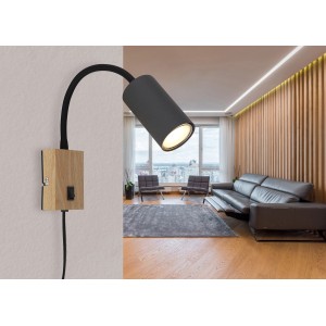 Moderne Globo Wandlampe Robby, graphit dunkel, mit Flexo-Arm und Holzdetails. Ideal als Leselampe.