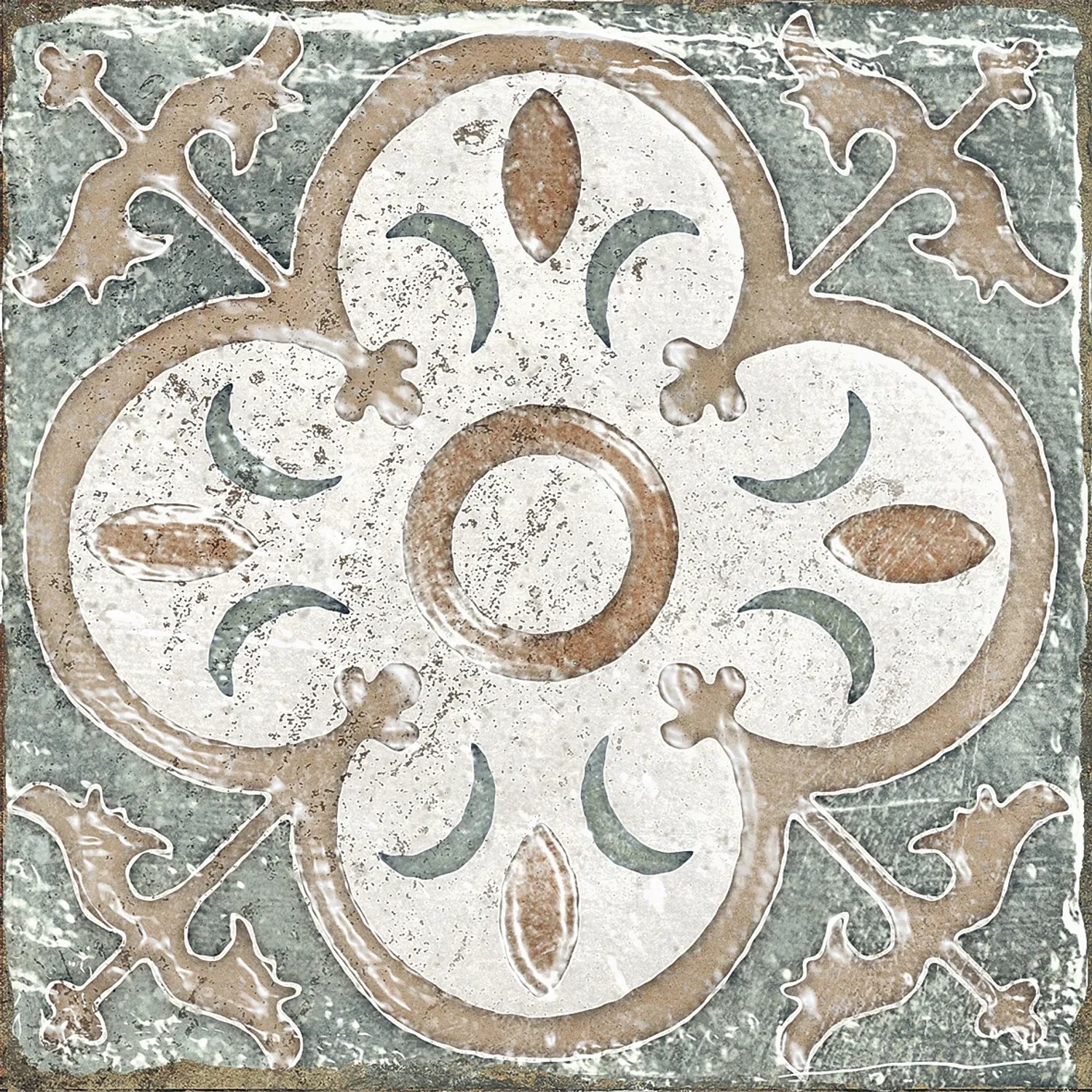Dekorative, matte Bodenfliese aus Feinsteinzeug, 20x20 cm, mit floralem Muster in Beige, Grau und Weiß.