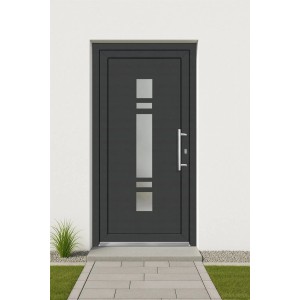 Moderne anthrazit-weiße Kunststoff-Haustür mit Milchglaseinsatz und Edelstahlgriff.