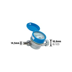 Verchromter Kaltwasserzähler zur Messung des Wasserverbrauchs mit blauem Deckel und Gewinde.