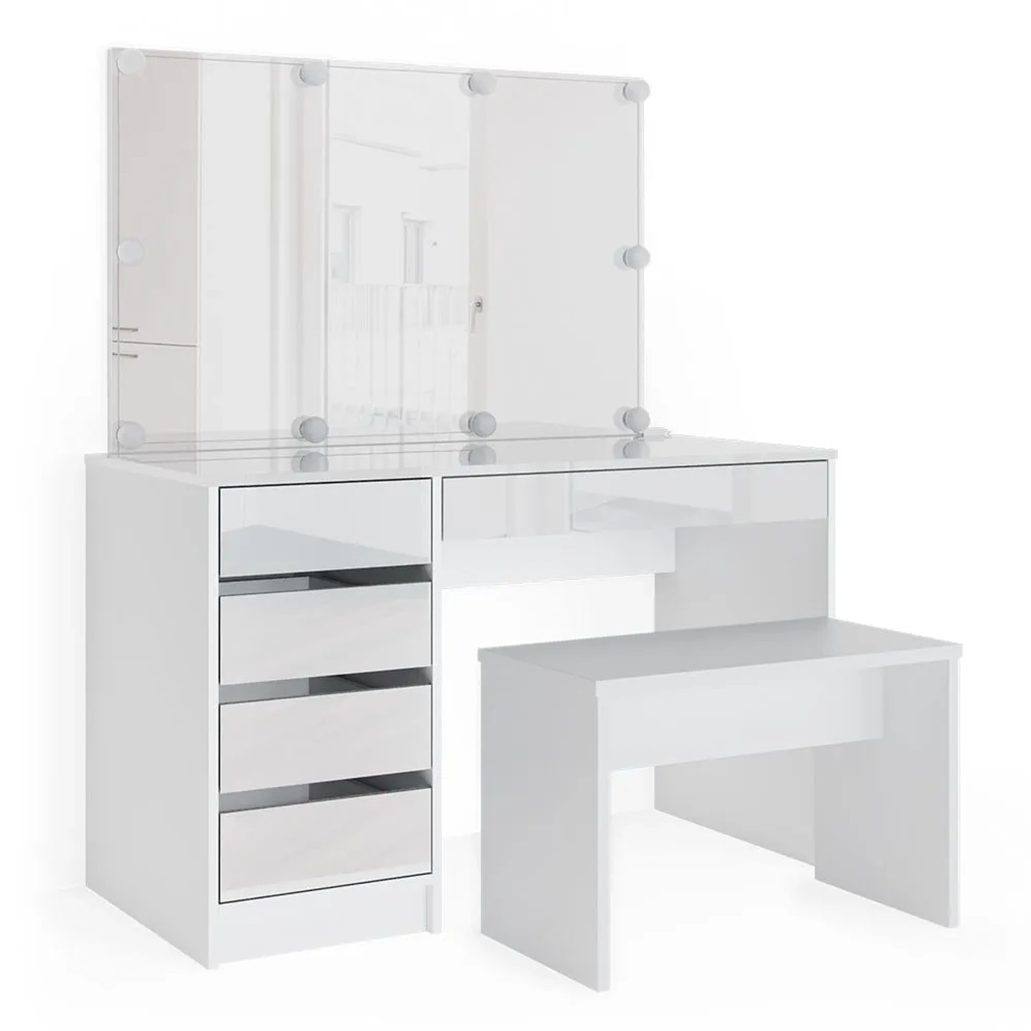 Vicco Schminktisch Sherry Weiß 120 x 145 mit Spiegel, LED-Lichterkette und Bank