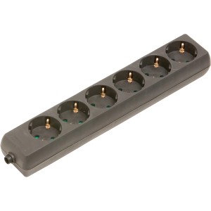Schwarze 6-fach Steckdosenleiste ohne Kabel für individuelle Kabellänge.