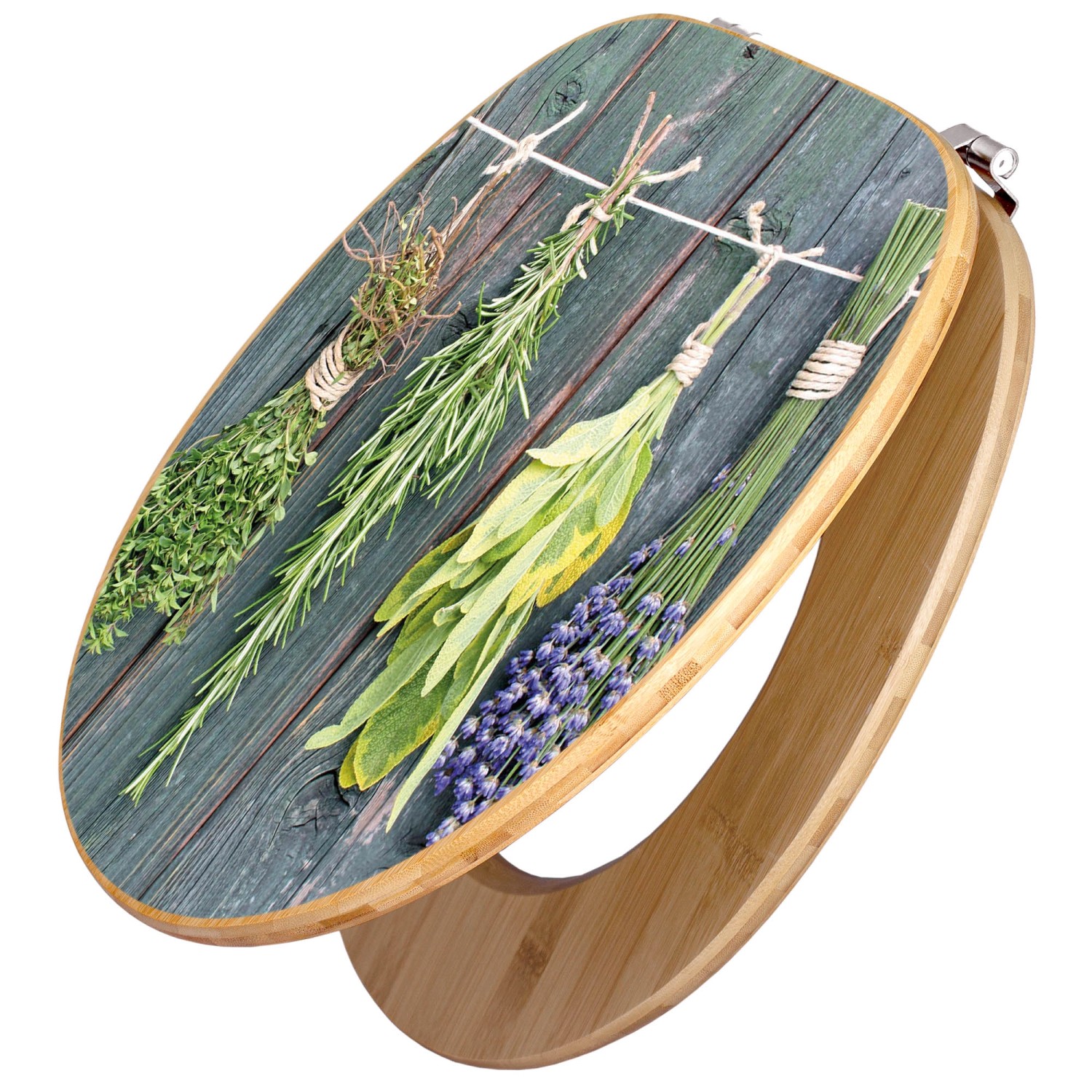 Banjado WC-Sitz Bambus mit Kräuter-Motiv. Toilettendeckel aus Holz mit Universal Scharnieren.