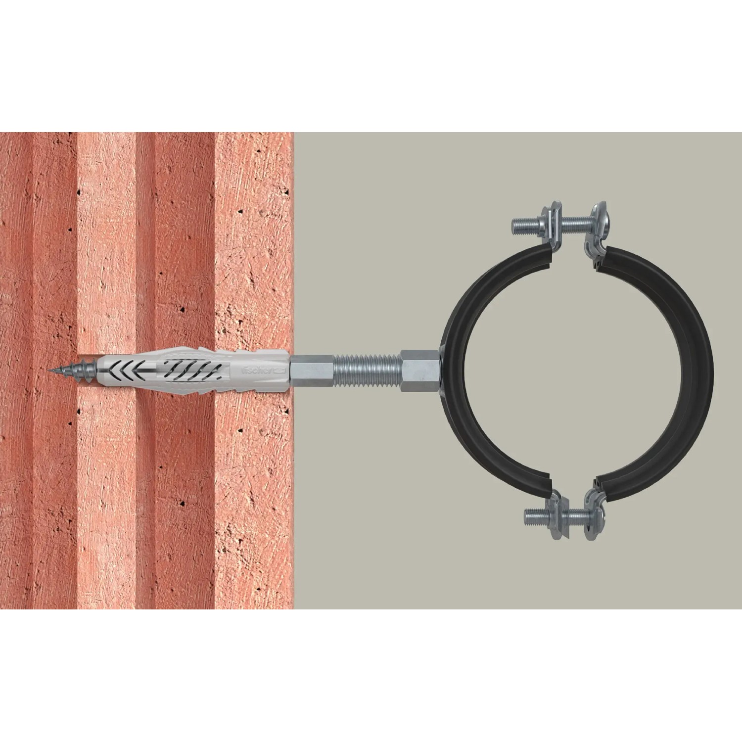 Fischer Universaldübel UX mit Stockschraube an Mauer mit Rohrschelle befestigt.