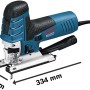 Bosch Professional Stichsäge GST 150 CE in Blau/Schwarz mit Maßangaben.