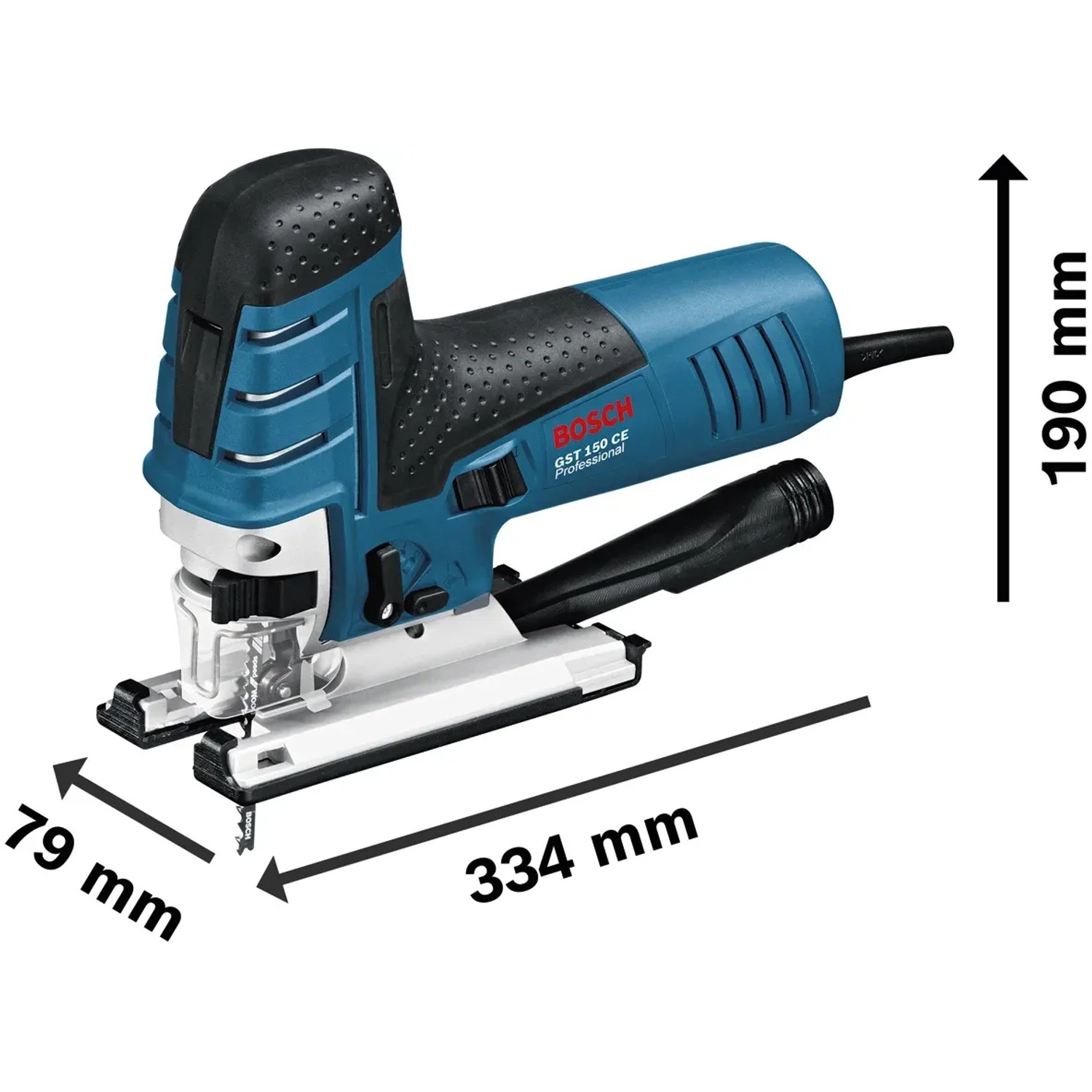 Bosch Professional Stichsäge GST 150 CE in Blau/Schwarz mit Maßangaben.