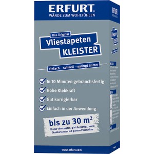 Verpackung Erfurt Vliestapeten-Kleister 200g. Spezialkleister für Vliestapeten, hohe Klebkraft, einfache Anwendung.