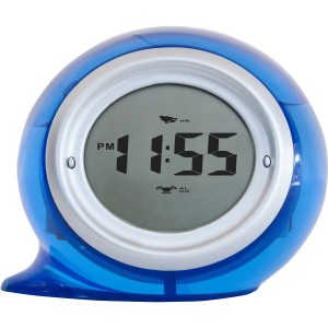 Blaue Fackelmann Wasseruhr, batterielos, mit LCD-Display. Tischuhr für Bad & WC.