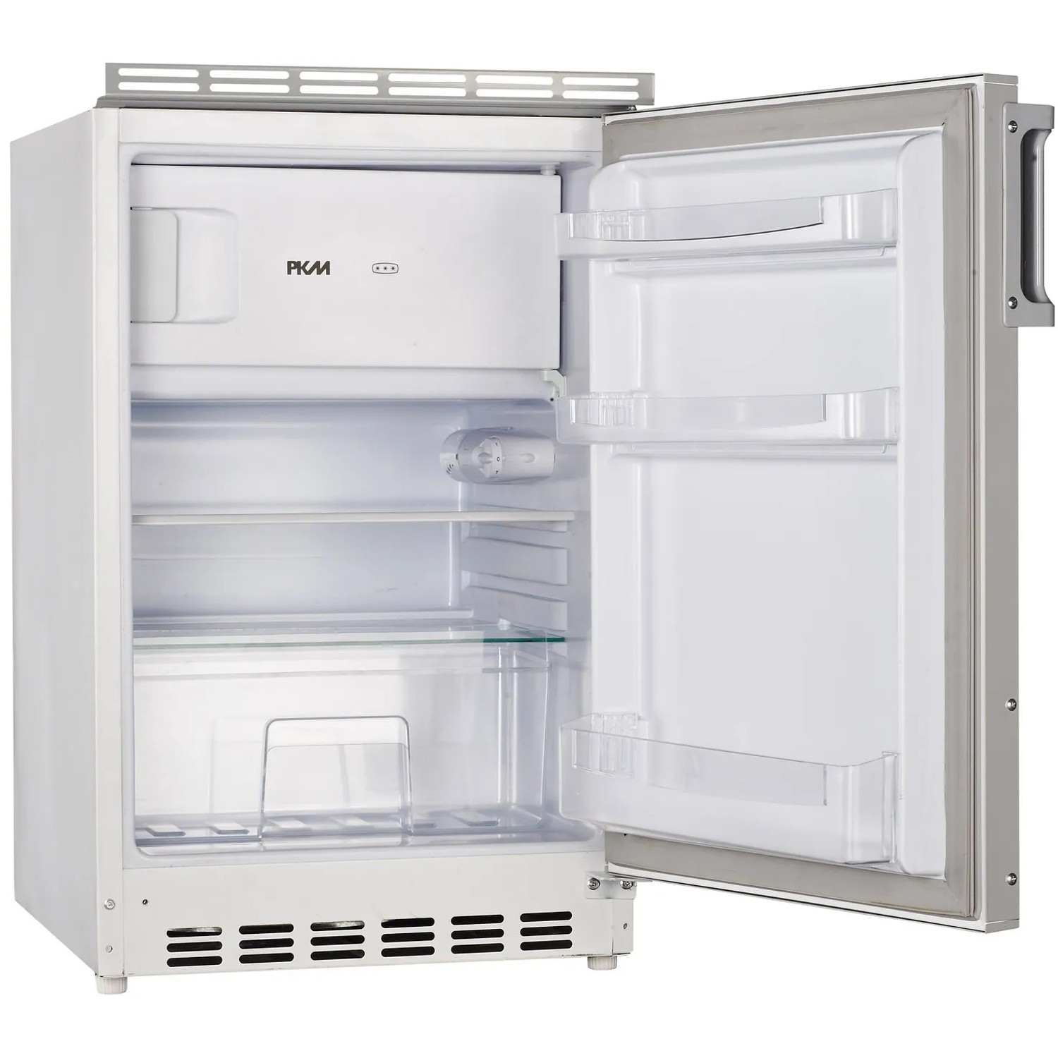 Offener, weißer Unterbaukühlschrank der Singleküche Florida mit Glasböden und Türfächern.