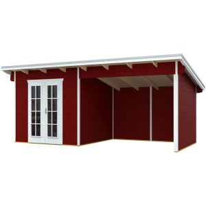 Skan Holz Gartenhaus Texel in Schwedenrot mit Anbau und Doppeltür. Holz-Gartenhaus mit Pultdach.