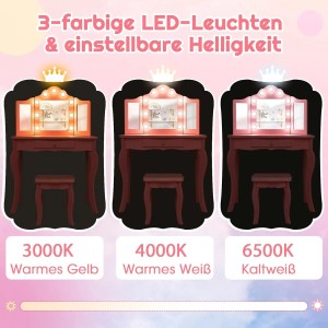 Costway 2 In 1 Kinder Schminktisch mit Led & Klappbarem Spiegel Weiß