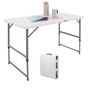 TRUTZHOLM Campingtisch 120x60cm, höhenverstellbar, zusammenklappbar. Inkl. Ansicht des Tisches im zusammengeklappten Zustand.