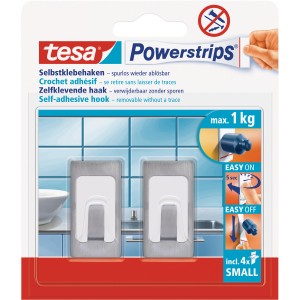 Tesa Klebehaken, Metall-Weiß, 2 Stück mit Powerstrips Small, rechteckig, für bis zu 1 kg.