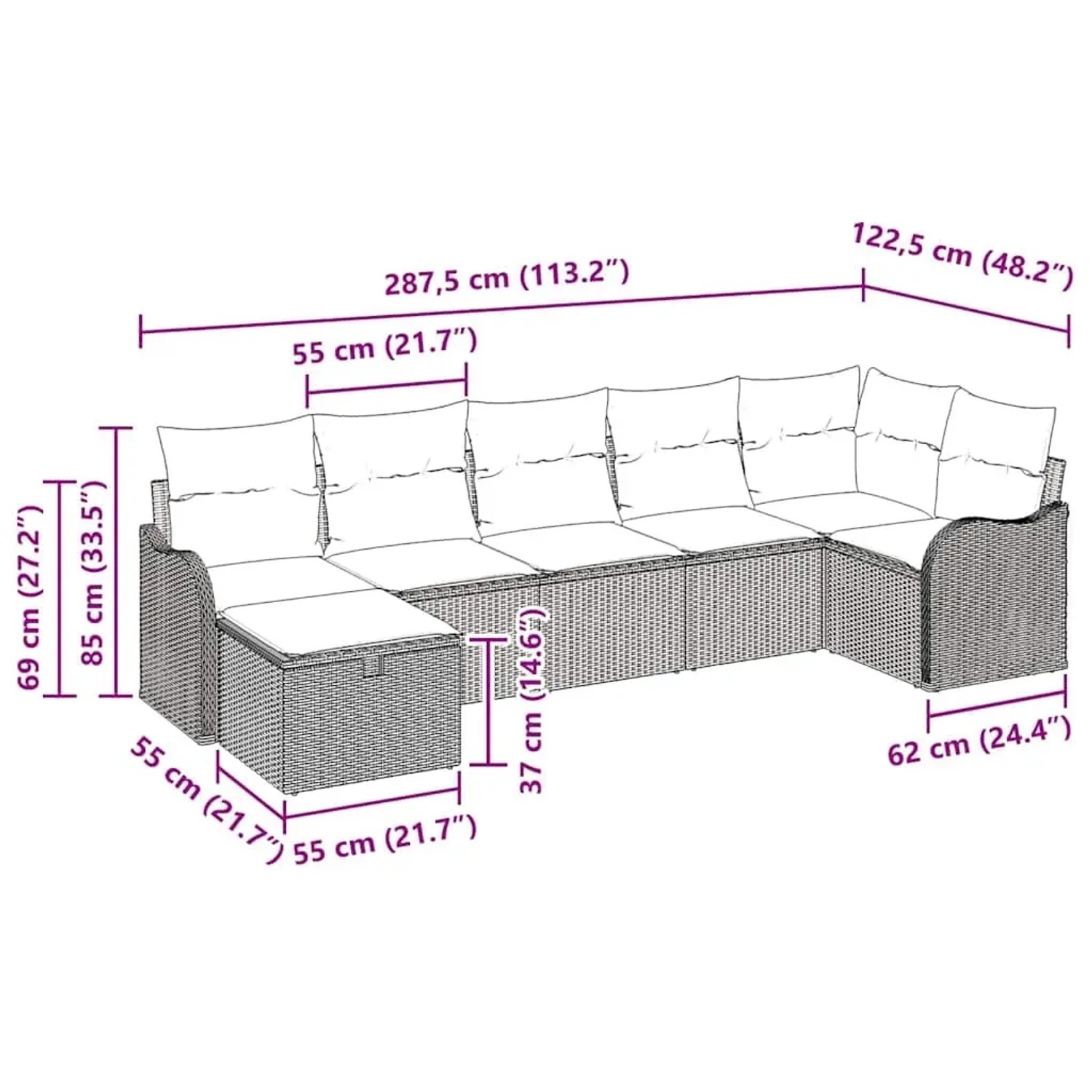 Graues 7-teiliges vidaXL Garten-Sofa-Set aus Polyrattan mit Kissen und Stauraum.