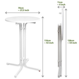 Weißer Beautissu Sylt Stehtisch, rund (ø 70 cm, 110 cm hoch), aufgebaut und platzsparend zusammengeklappt gezeigt.