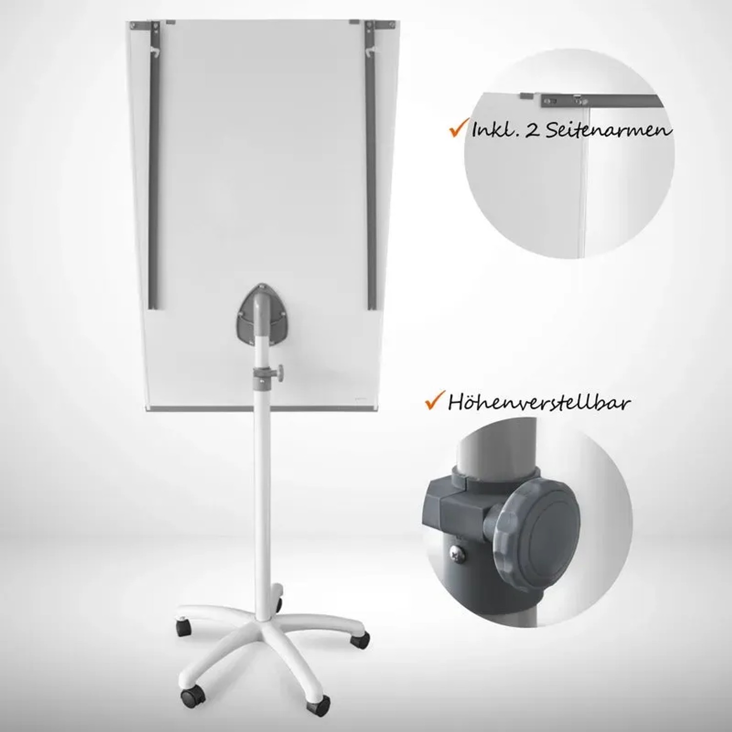 KARAT Flipchart Piranha PRO mit Sternfuß, höhenverstellbar und mit Papierhaltern.