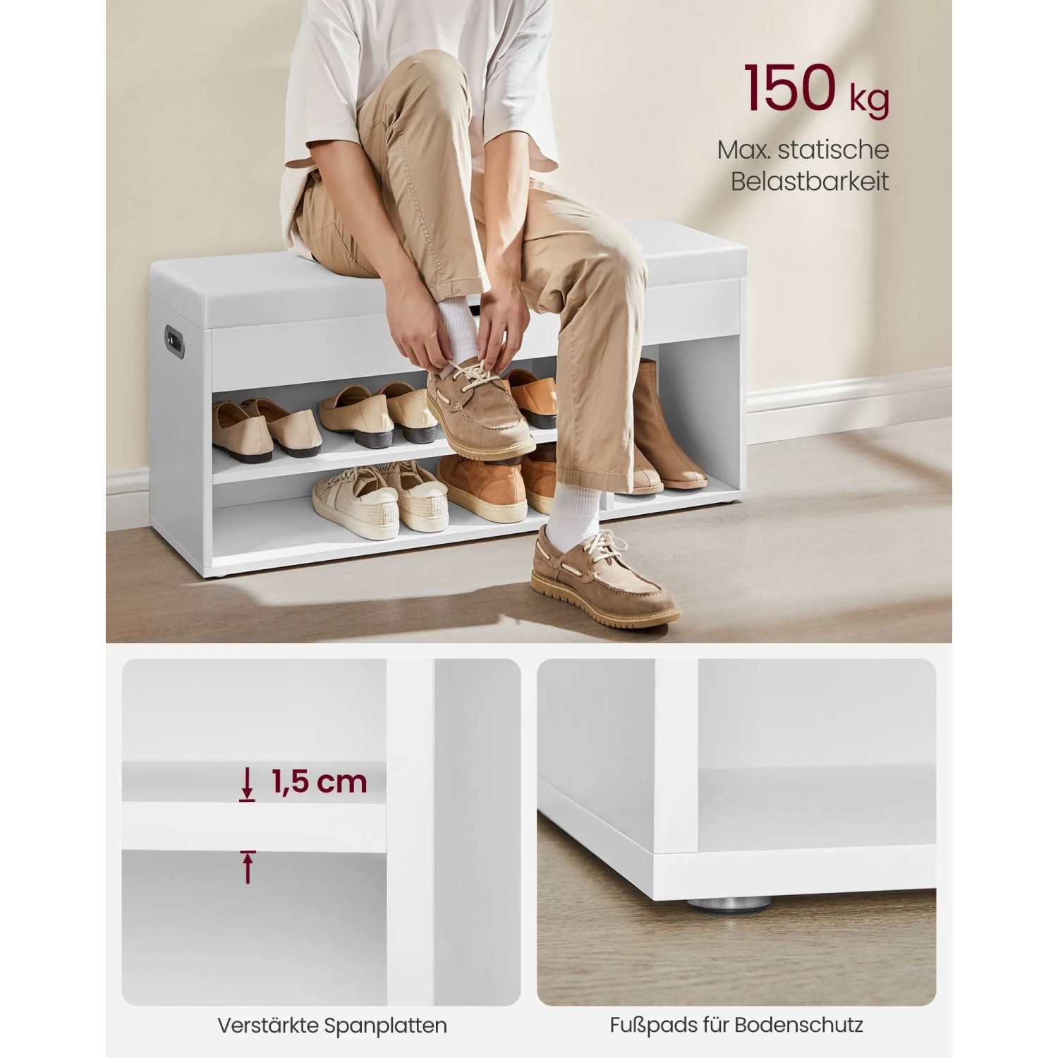Weiße Vasagle Schuhbank mit Sitzfläche und Schuhablage, Person sitzt darauf und zieht Schuhe an.