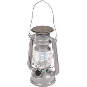 Silberne LED Campinglaterne mit Solarpanel und Tragegriff. Ideal für Camping & Outdoor.