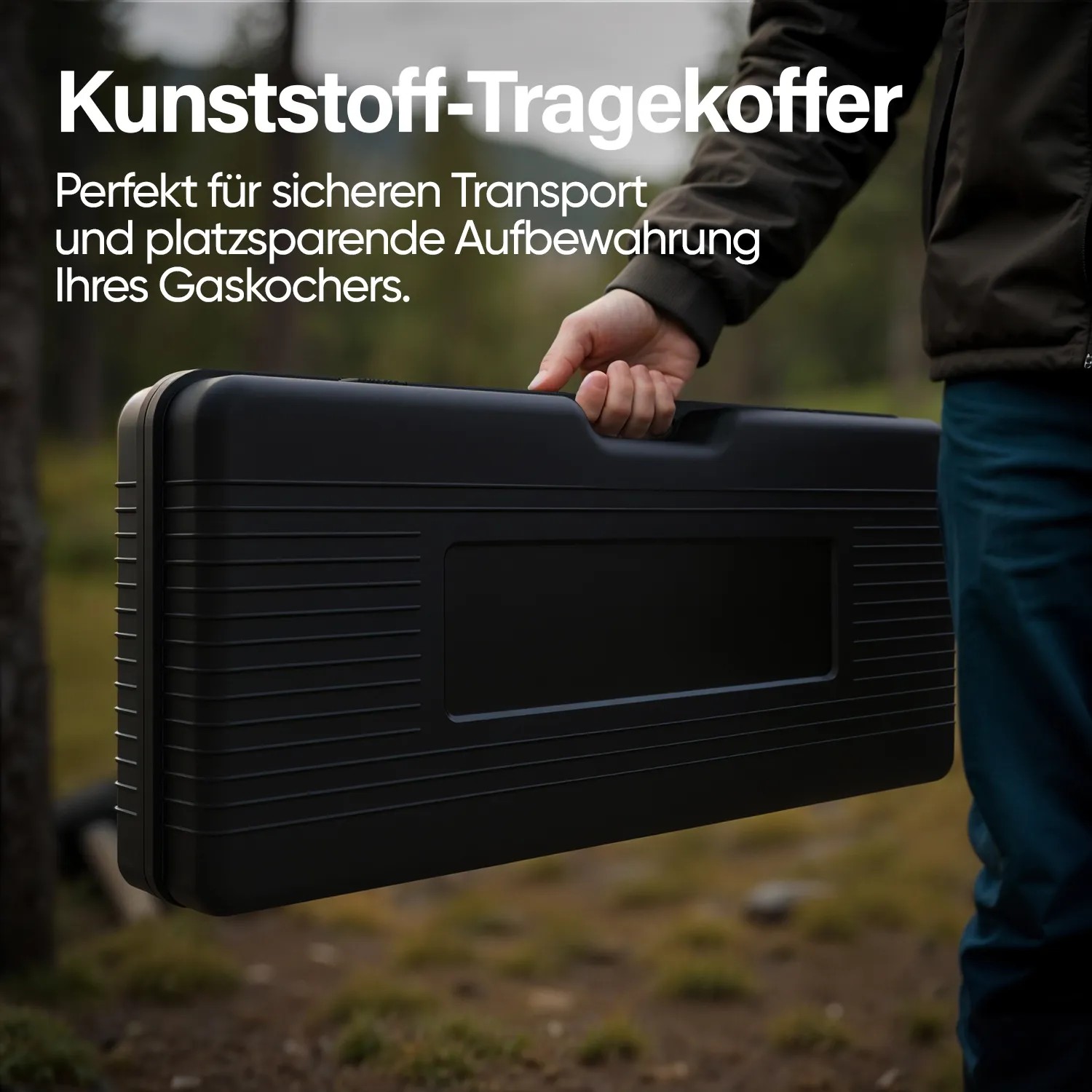 Schwarzer Tragekoffer aus Kunststoff für Evocamp Camping Gaskocher, ideal für Transport und Lagerung.
