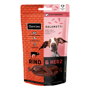 Chewies Salametti Hunde-Belohnungssnacks Rind & Herz, 60g Packung.
