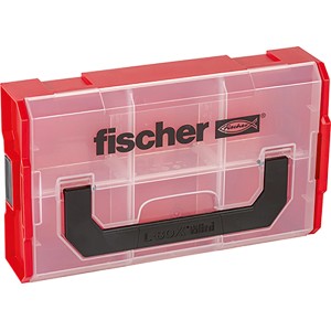 Leere Fischer FixTainer Box mit transparentem Deckel und Tragegriff. Ideal für Dübel und Kleinteile.