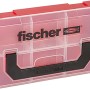 Leere Fischer FixTainer Box mit transparentem Deckel und Tragegriff. Ideal für Dübel und Kleinteile.