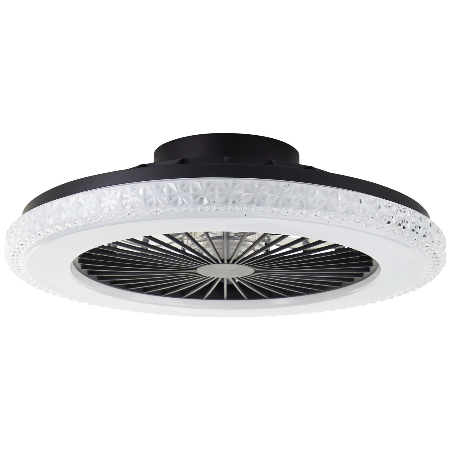 Schwarze LED-Deckenleuchte Badria mit Ventilator, Ø 49cm. Deckenlampe mit Kristalloptik.