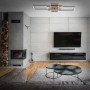 Moderne Brilo LED-Deckenleuchte Frame mit Holzdekor, dimmbar und mit Fernbedienung im Wohnraum.