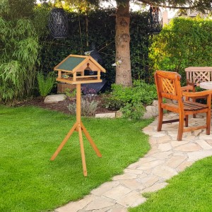 Relaxdays Vogelfutterhaus Tannenholz Stein Natur Grün mit Ständer 120 cm x 62 cm x 55 cm 3,7 kg