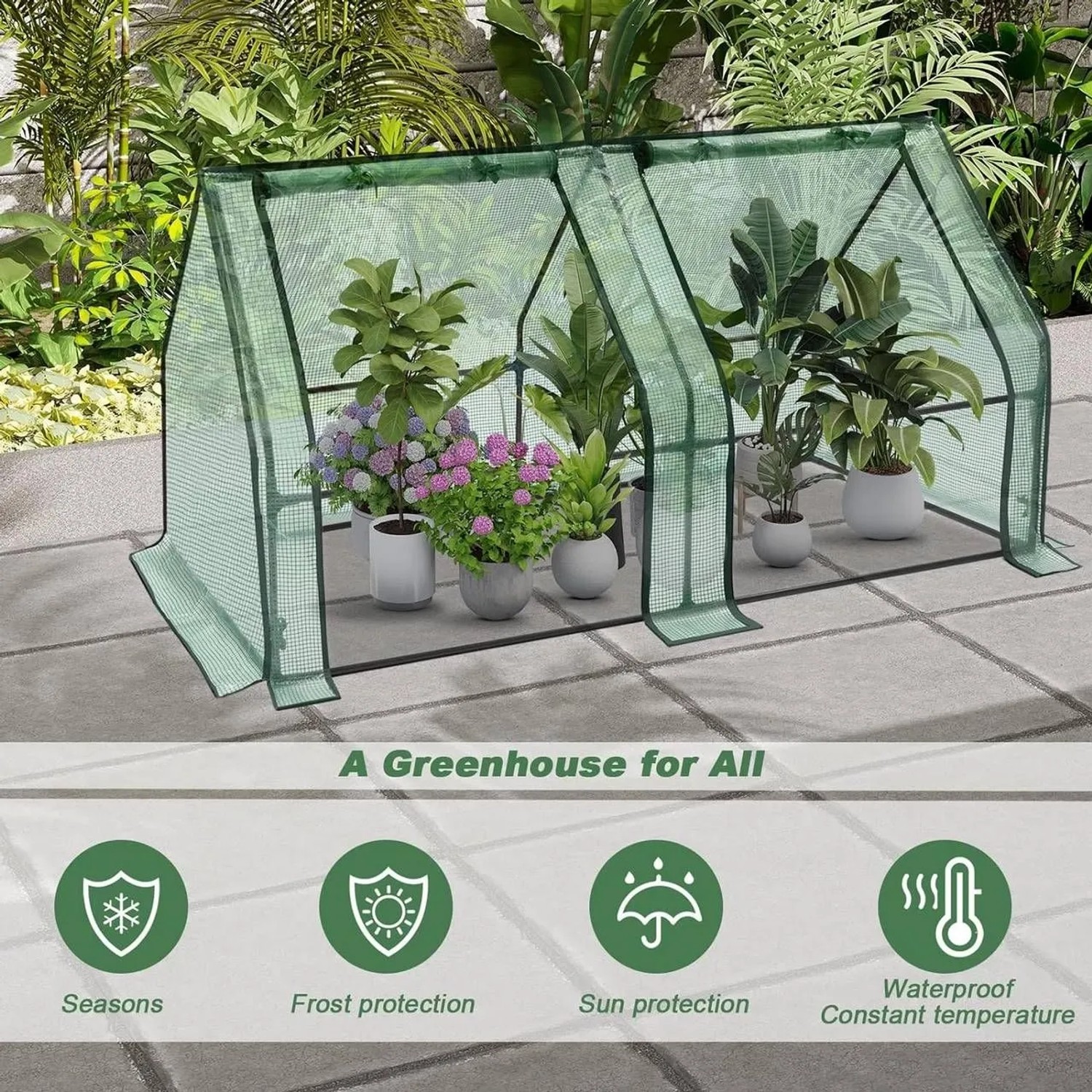 Grünes WOLTU Foliengewächshaus mit Metallrahmen, gefüllt mit Topfpflanzen auf einer Terrasse. Ideal für Anzucht & Schutz.