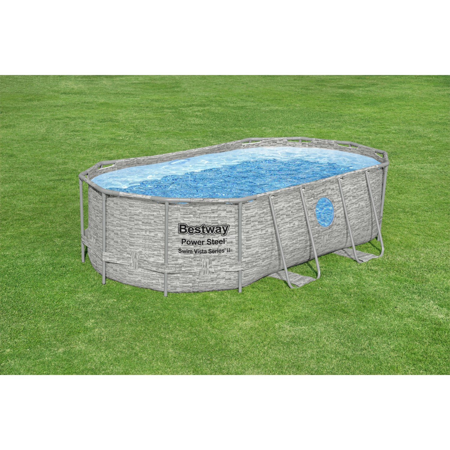 Bestway Stahlrahmenpool Set Power Steel Swim Vista, 424x250x100 cm, Oval, Grau, mit Leiter und Pumpe.