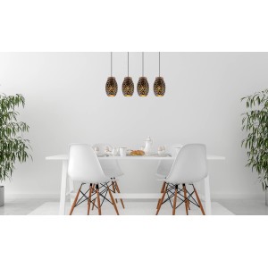 Goldfarbene Globo Pendelleuchte Narri, 4-flammig, über Esstisch in modernem Ambiente.