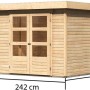 Karibu Holz-Gartenhaus Raala, sandbeige, unbehandelt, mit Pultdach und Maßangaben.