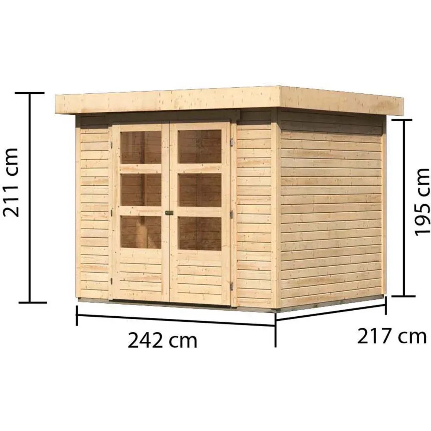 Karibu Holz-Gartenhaus Raala, sandbeige, unbehandelt, mit Pultdach und Maßangaben.