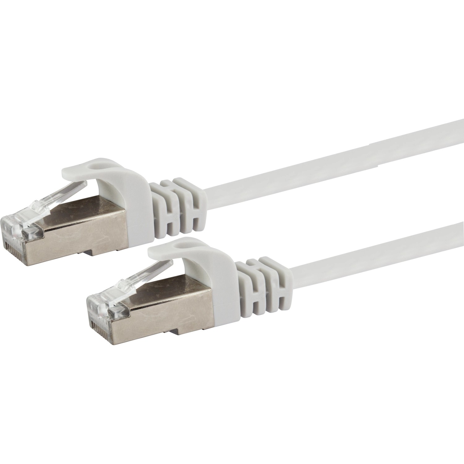 Weißes Schwaiger CAT-6-Netzwerkflachkabel (3 m) mit RJ45-Stecker für Netzwerkverbindungen.