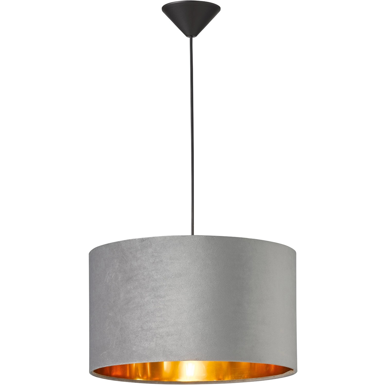 Graue Fischer & Honsel Pendelleuchte Aura Samt, Ø 40 cm, mit goldfarbener Innenseite.