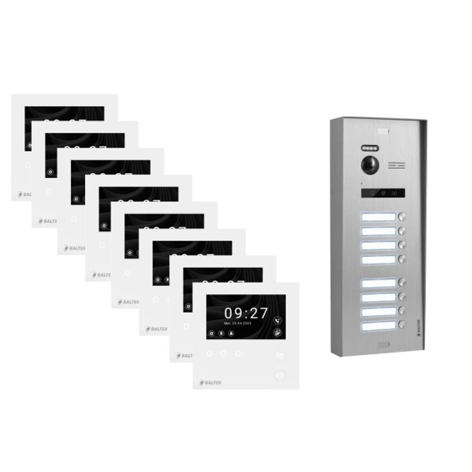 Balter Evo-HD-Mini Aufputz Video Türsprechanlage 2-Draht Bus für 8-Familienhaus mit 4,3 Zoll Monitor Silber