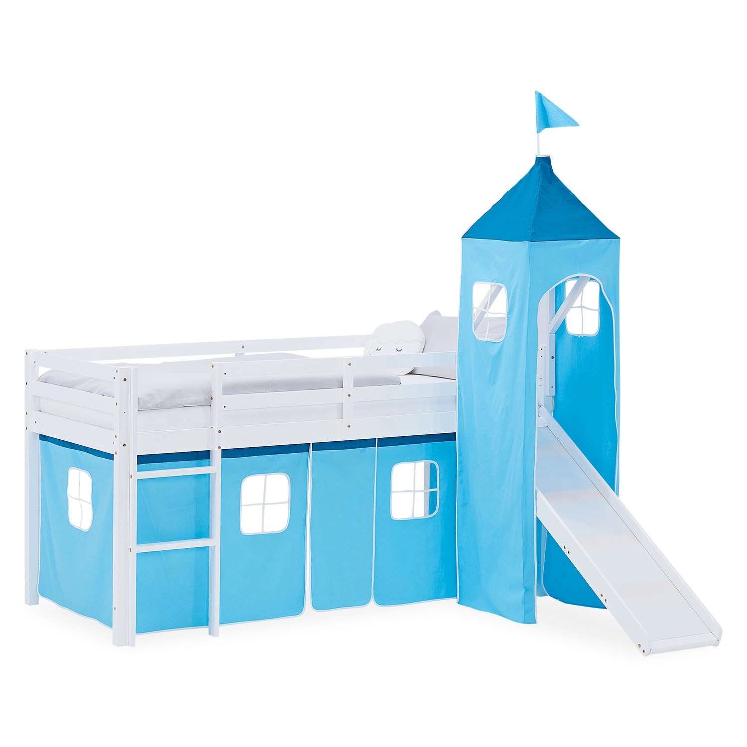 Homestyle4u Kinder Hochbett 90x200 Rutsche Vorhang Turm Blau Kinderbett Weiß 2987
