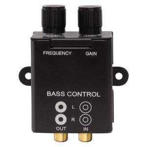 Rockwood Bass Kontroll-Regler: Schwarzes Gehäuse mit zwei Drehreglern für Frequenz und Verstärkung.