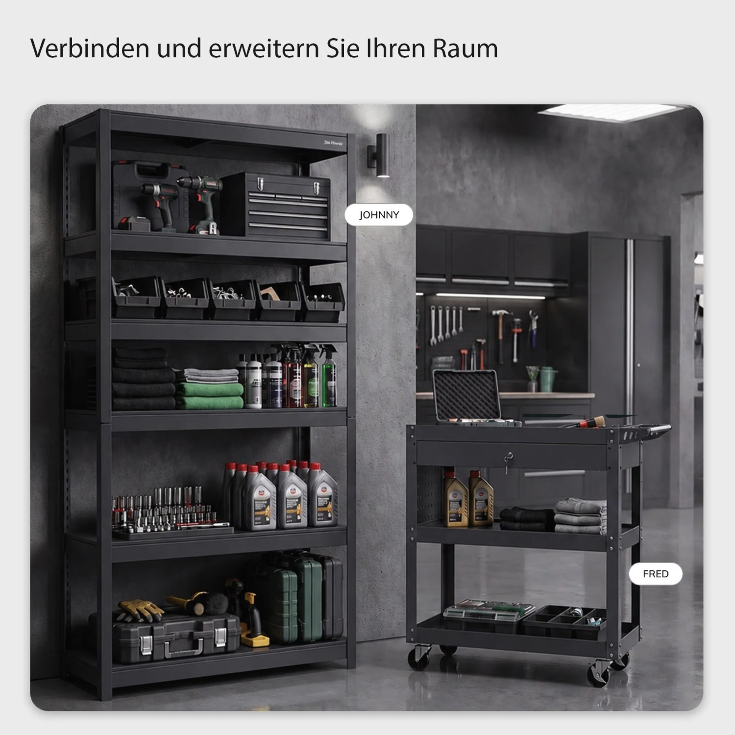 Anthrazit JAN NOWAK Werkstatt-Werkzeugwagen FRED mit 3 Ablagen, abschließbarer Schublade und Rollen in moderner Werkstatt.