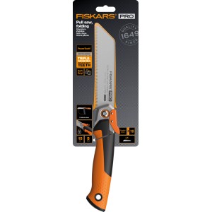 Fiskars Klappsäge Pro, 15 cm, orange-schwarz, 19 TPI, Zugsäge für Gartenarbeiten.